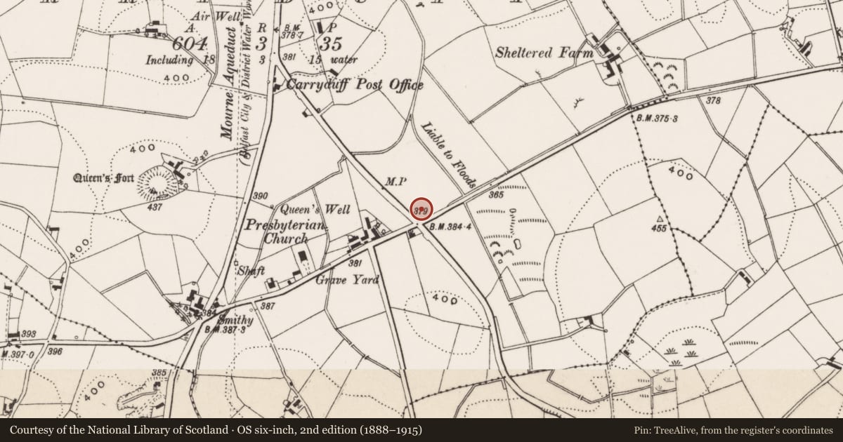 Ordnance Survey six-inch map, 2nd edition (1888–1915) covering the location of St. Ignatius' Church of Ireland, Carryduff, Lisburn and Castlereagh, with a pin at the register's coordinates