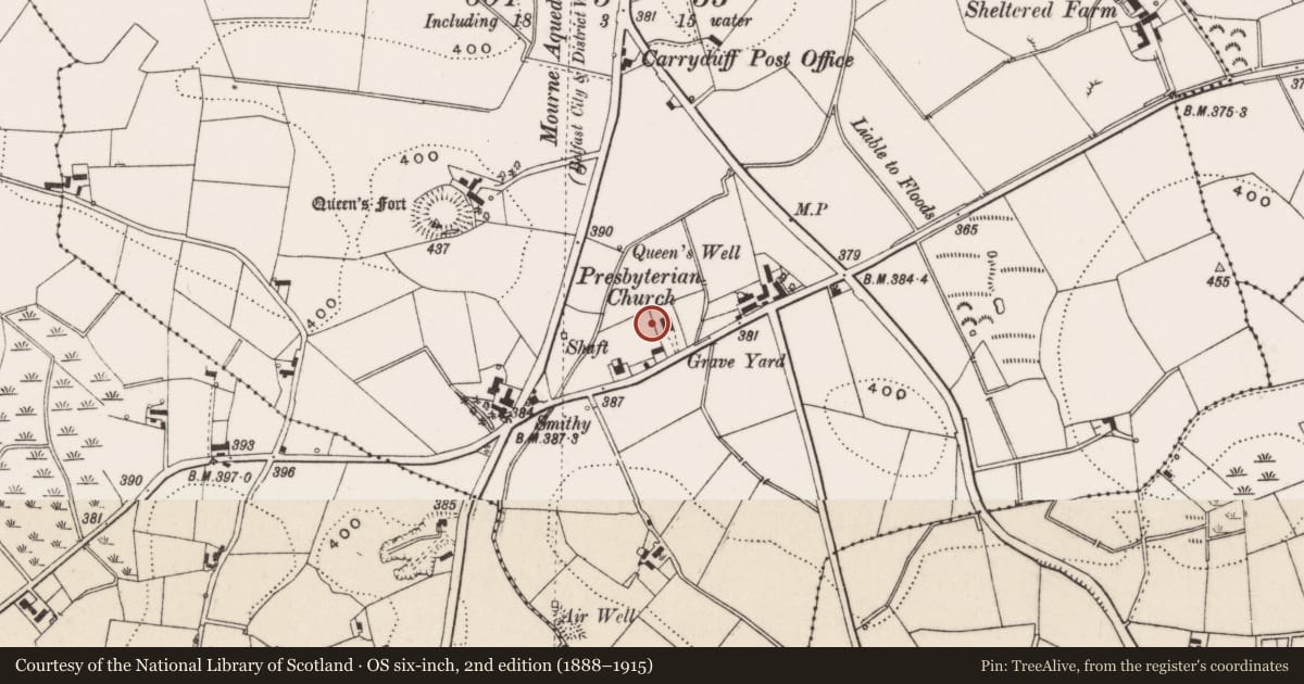 Ordnance Survey six-inch map, 2nd edition (1888–1915) covering the location of Carryduff Presbyterian Church Hall, Lisburn and Castlereagh, with a pin at the register's coordinates