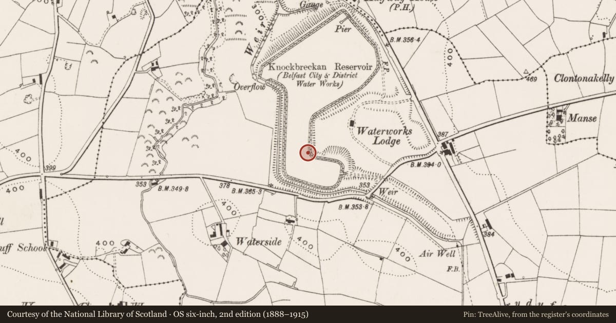 Ordnance Survey six-inch map, 2nd edition (1888–1915) covering the location of Knockbracken Reservoir, Carryduff, Lisburn and Castlereagh, with a pin at the register's coordinates