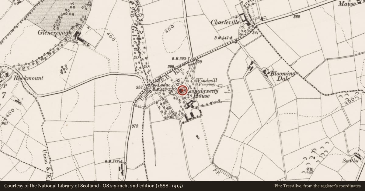 Ordnance Survey six-inch map, 2nd edition (1888–1915) covering the location of Lagan College, Lisburn and Castlereagh, with a pin at the register's coordinates