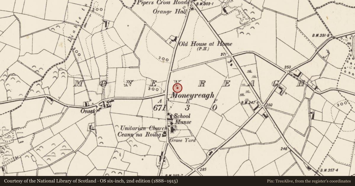 Ordnance Survey six-inch map, 2nd edition (1888–1915) covering the location of 'Moneyrea' National School, Moneyreagh, Lisburn and Castlereagh, with a pin at the register's coordinates