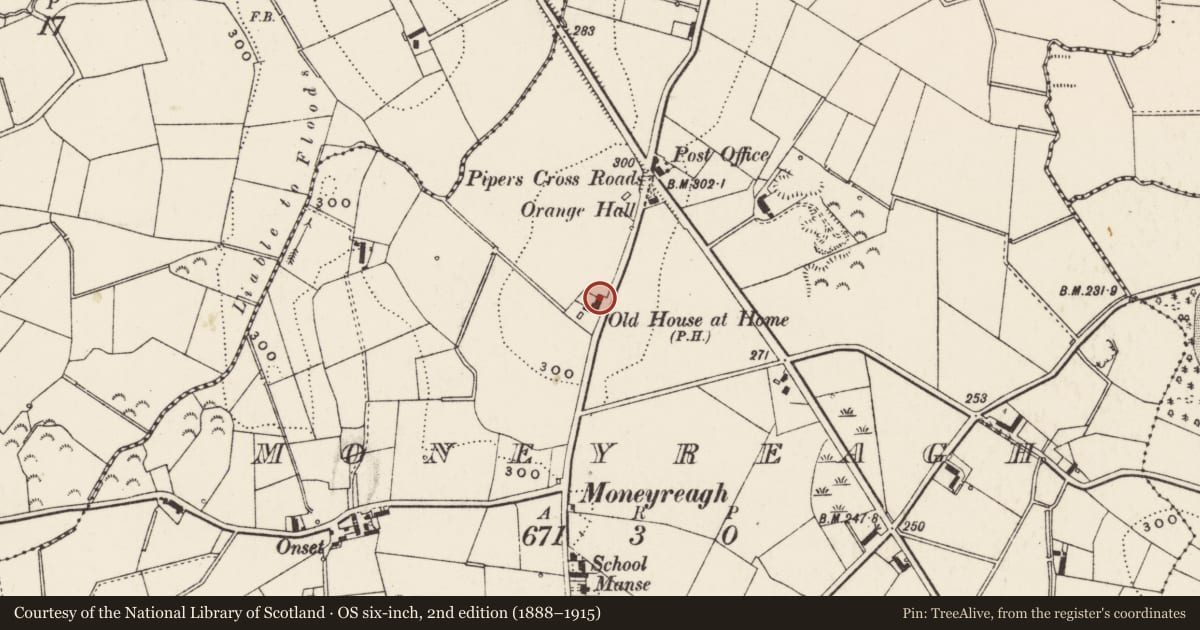 Ordnance Survey six-inch map, 2nd edition (1888–1915) covering the location of The Auld House, Lisburn and Castlereagh, with a pin at the register's coordinates