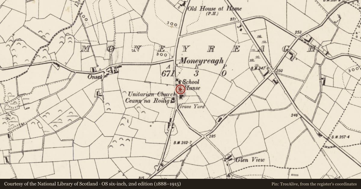 Ordnance Survey six-inch map, 2nd edition (1888–1915) covering the location of Manse, Lisburn and Castlereagh, with a pin at the register's coordinates