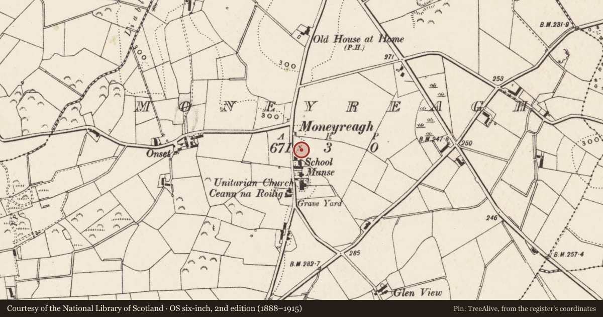 Ordnance Survey six-inch map, 2nd edition (1888–1915) covering the location of Richard Lyttle Memorial School, Lisburn and Castlereagh, with a pin at the register's coordinates