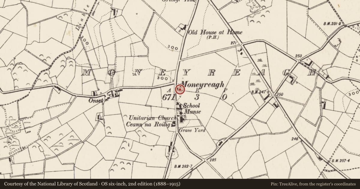 Ordnance Survey six-inch map, 2nd edition (1888–1915) covering the location of Masonic Hall, Lisburn and Castlereagh, with a pin at the register's coordinates