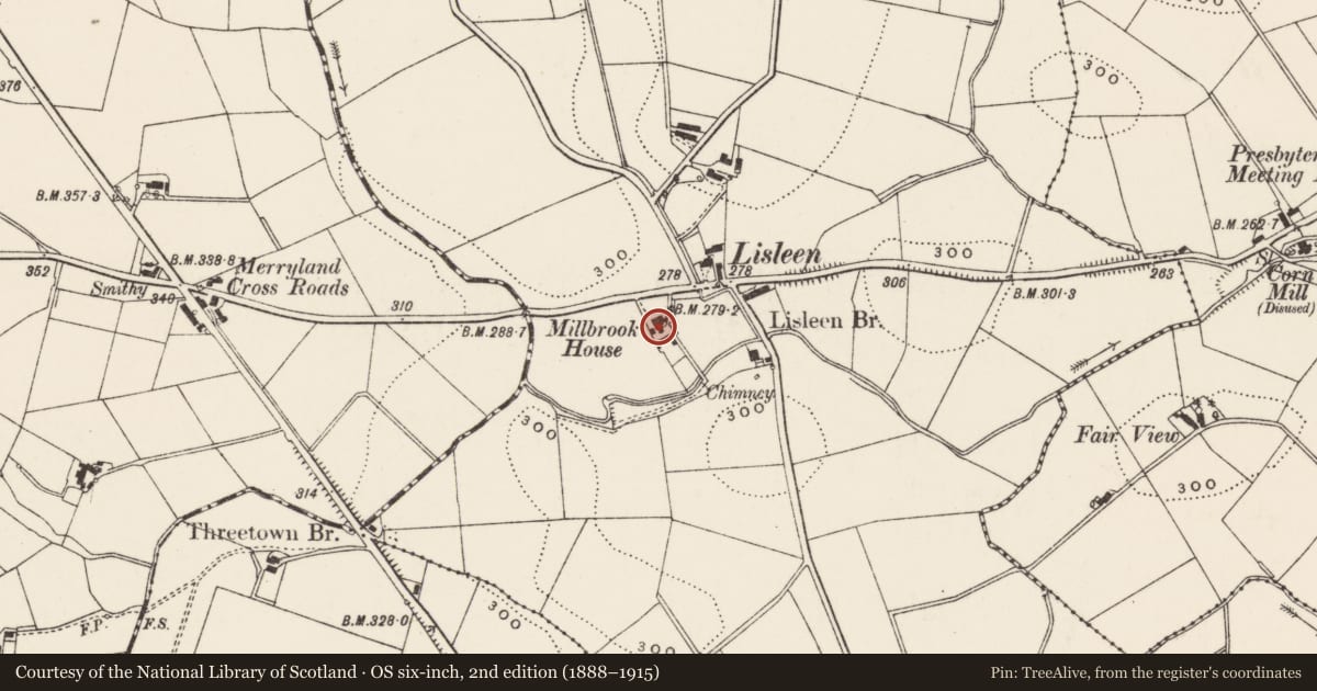 Ordnance Survey six-inch map, 2nd edition (1888–1915) covering the location of Millbrook House, Lisleen, Lisburn and Castlereagh, with a pin at the register's coordinates