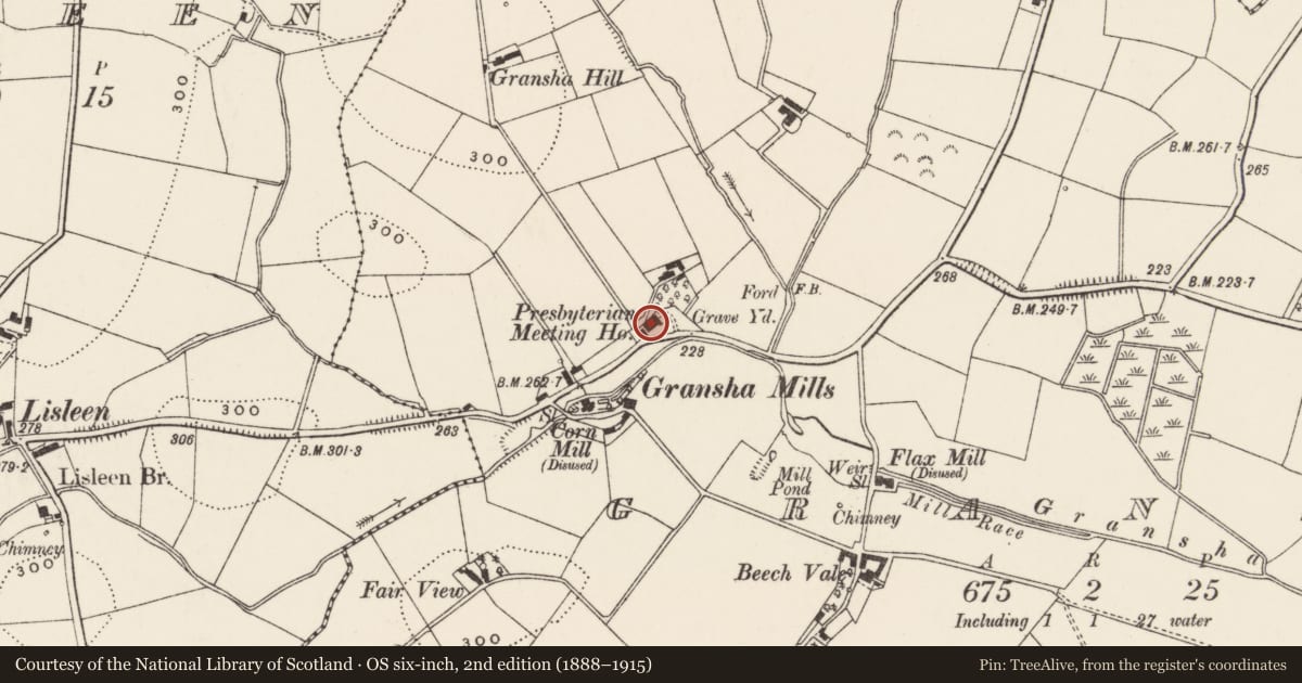 Ordnance Survey six-inch map, 2nd edition (1888–1915) covering the location of Granshaw Presbyterian Church, Lisburn and Castlereagh, with a pin at the register's coordinates