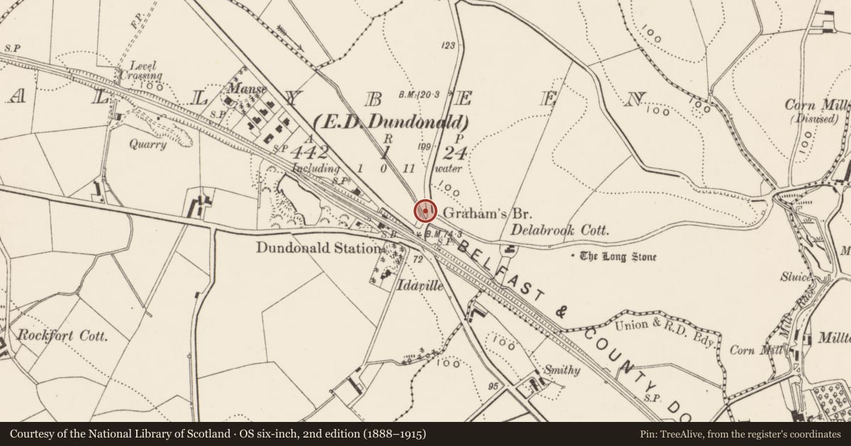 Ordnance Survey six-inch map, 2nd edition (1888–1915) covering the location of Graham’s Bridge, Lisburn and Castlereagh, with a pin at the register's coordinates