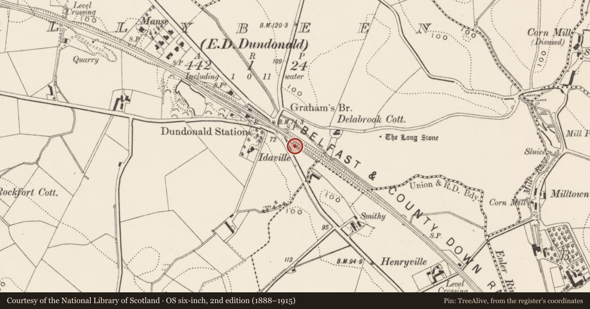 Ordnance Survey six-inch map, 2nd edition (1888–1915) covering the location of Pump outside 272 Comber Road, Ballybeen, Lisburn and Castlereagh, with a pin at the register's coordinates