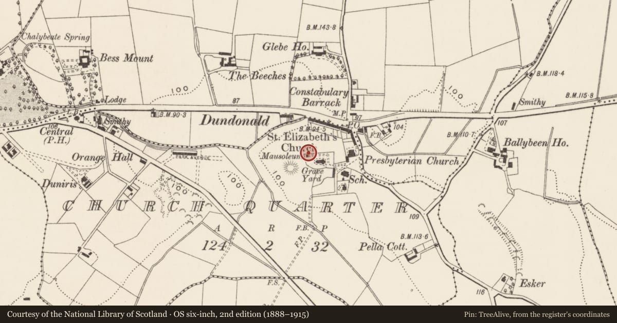 Ordnance Survey six-inch map, 2nd edition (1888–1915) covering the location of Cleland Mausoleum, Church Quarter, Lisburn and Castlereagh, with a pin at the register's coordinates