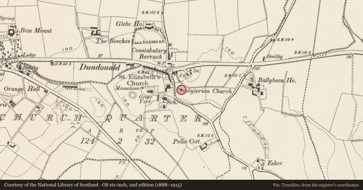 Ordnance Survey six-inch map, 2nd edition (1888–1915) covering the location of Dundonald Library, Lisburn and Castlereagh, with a pin at the register's coordinates