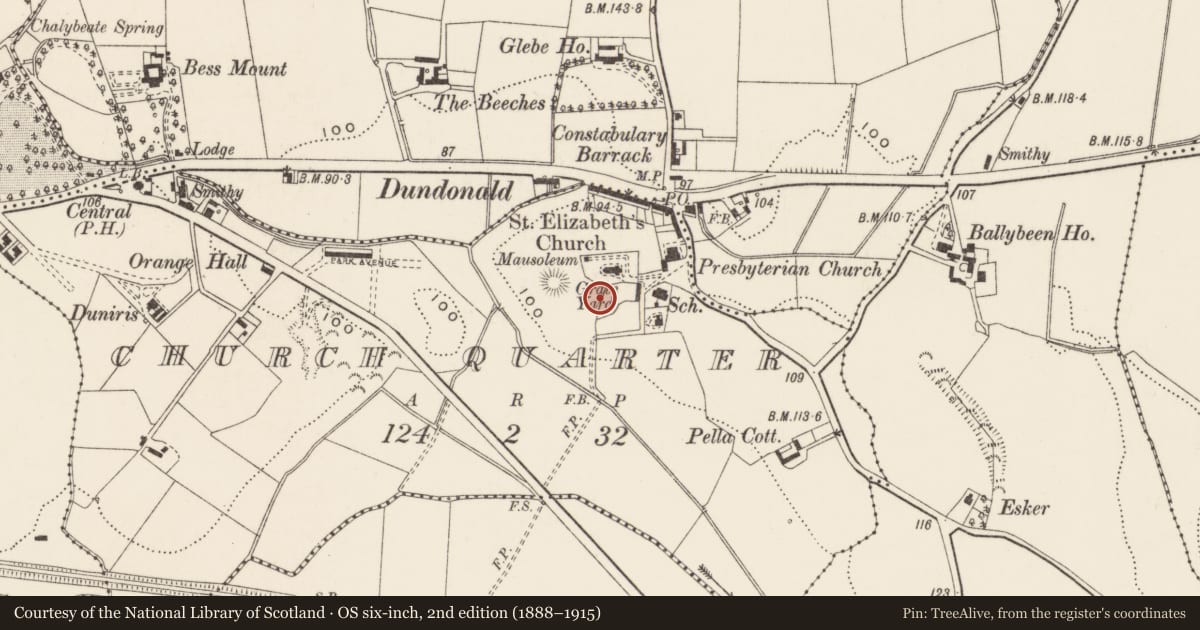Ordnance Survey six-inch map, 2nd edition (1888–1915) covering the location of St Elizabeth’s Church of Ireland, Lisburn and Castlereagh, with a pin at the register's coordinates
