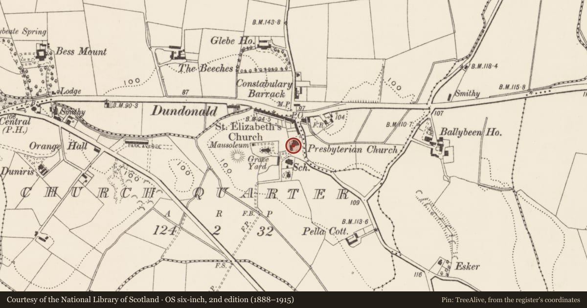 Ordnance Survey six-inch map, 2nd edition (1888–1915) covering the location of National School, Church Quarter, Lisburn and Castlereagh, with a pin at the register's coordinates