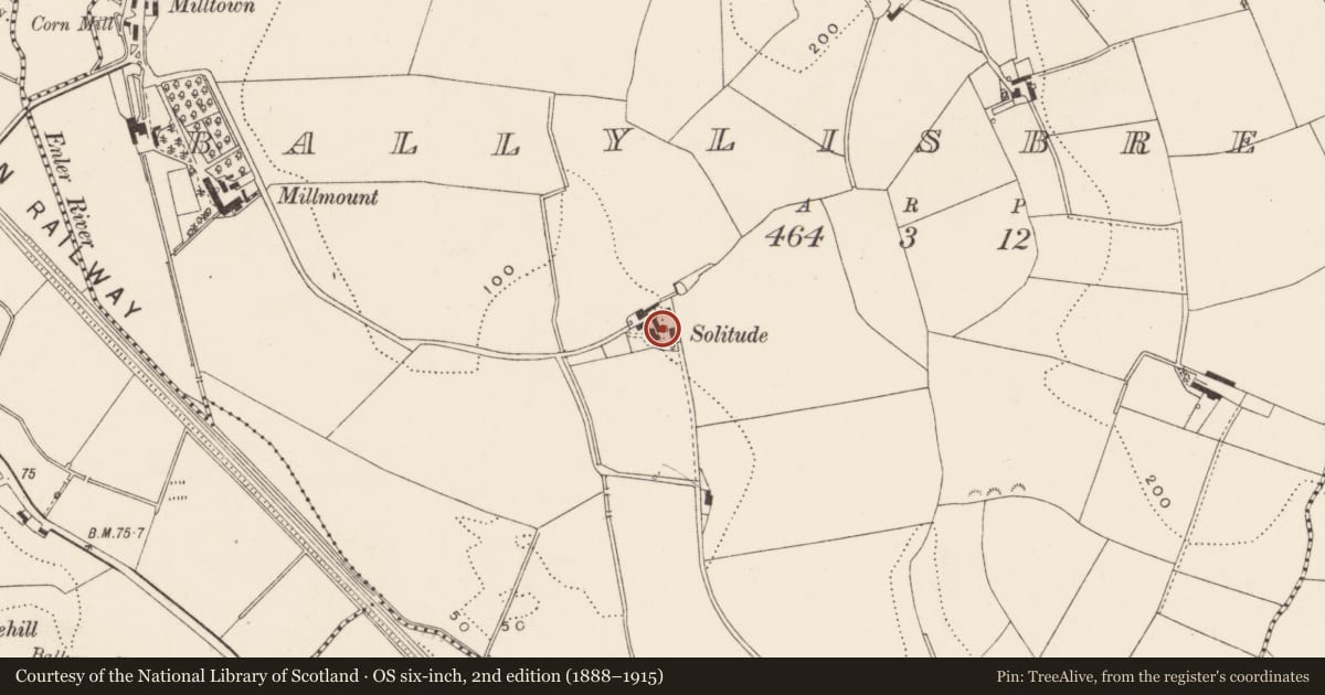 Ordnance Survey six-inch map, 2nd edition (1888–1915) covering the location of Solitude, Lisburn and Castlereagh, with a pin at the register's coordinates