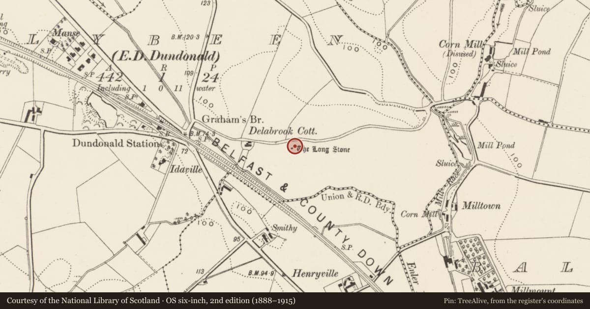 Ordnance Survey six-inch map, 2nd edition (1888–1915) covering the location of The Long Stone, Lisburn and Castlereagh, with a pin at the register's coordinates