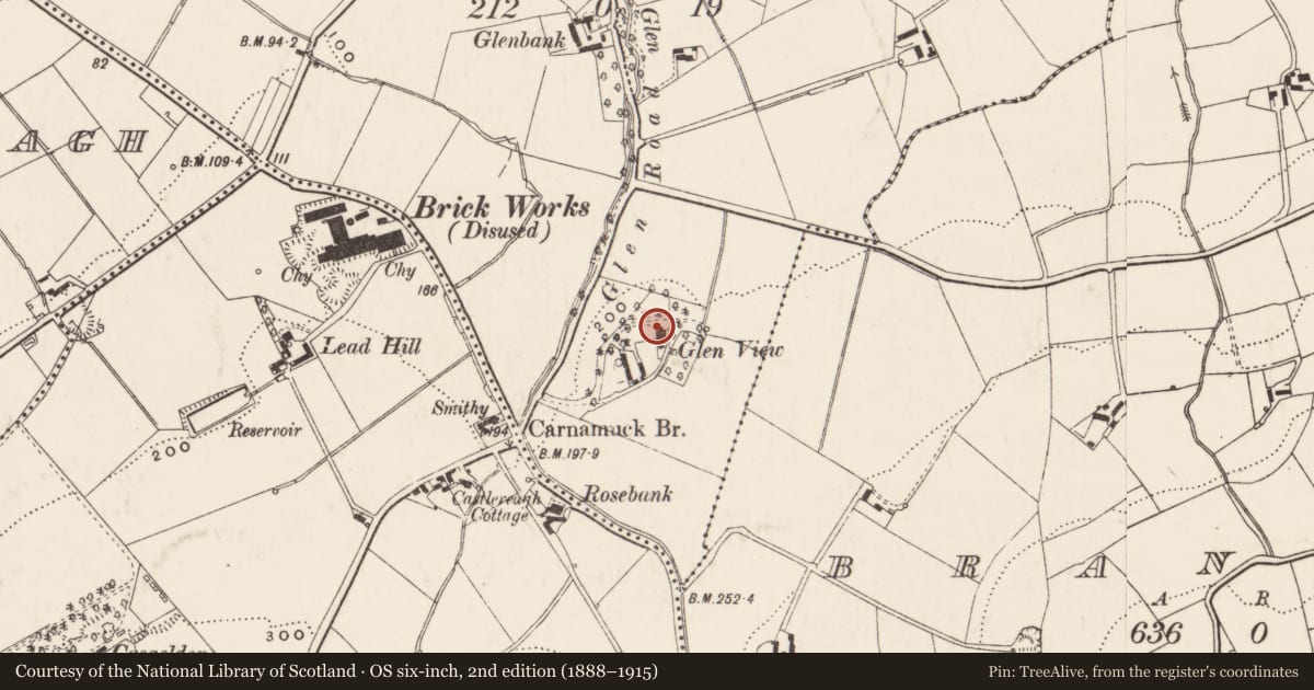Ordnance Survey six-inch map, 2nd edition (1888–1915) covering the location of Glenview House, Belfast, with a pin at the register's coordinates