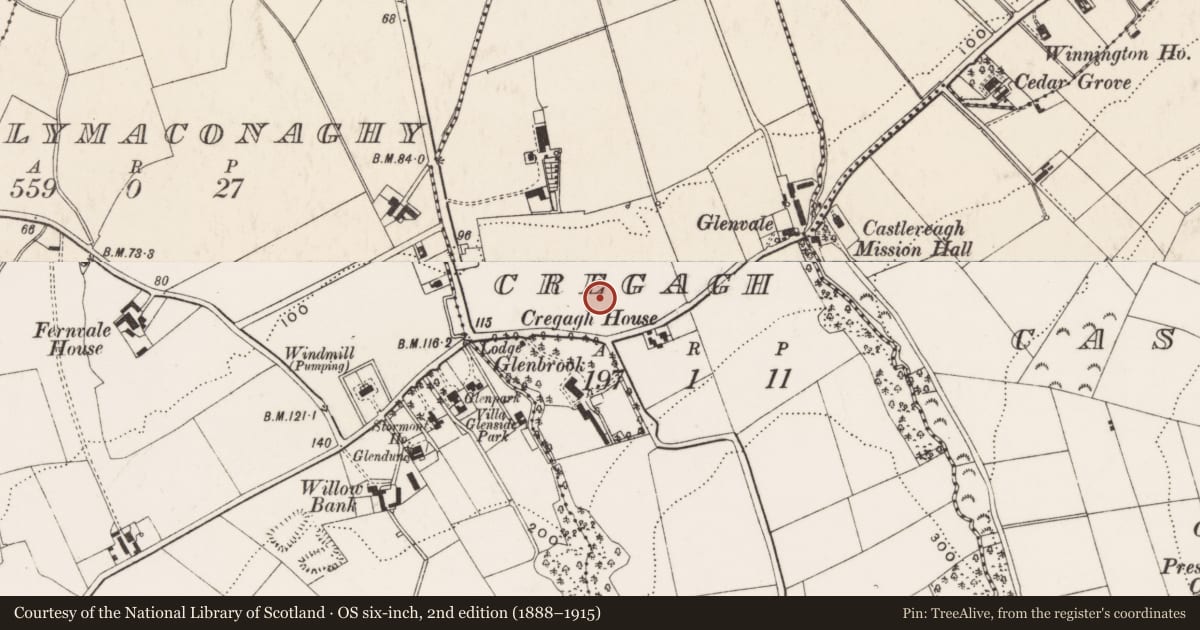 Ordnance Survey six-inch map, 2nd edition (1888–1915) covering the location of St. Finnian's Church of Ireland, Cregagh, Belfast, with a pin at the register's coordinates