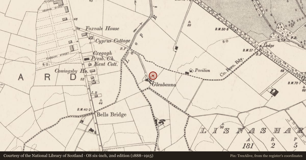 Ordnance Survey six-inch map, 2nd edition (1888–1915) covering the location of Castlereagh Police Station, Lisnasharragh, Belfast, with a pin at the register's coordinates