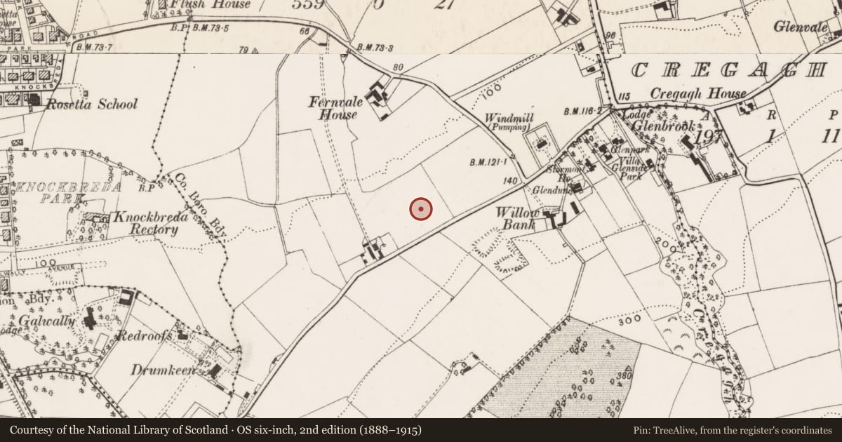 Ordnance Survey six-inch map, 2nd edition (1888–1915) covering the location of St. Bernadette's R C Church, Ballymaconaghy, Belfast, with a pin at the register's coordinates
