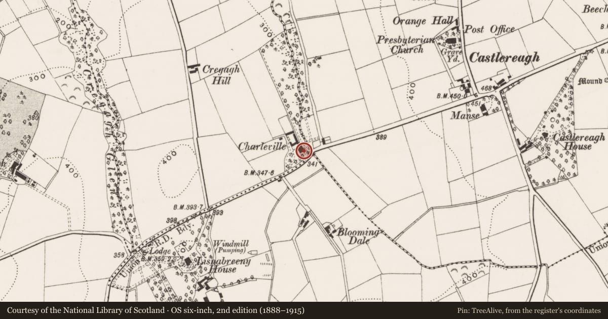 Ordnance Survey six-inch map, 2nd edition (1888–1915) covering the location of Charleville, Cregagh, Belfast, with a pin at the register's coordinates