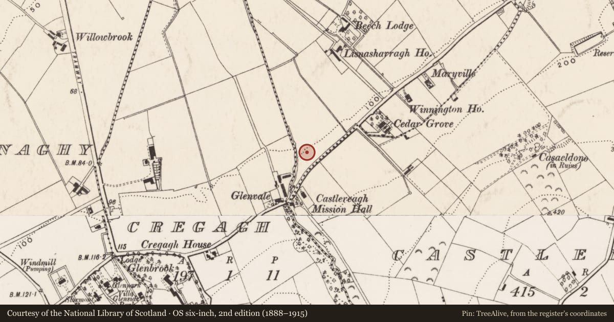 Ordnance Survey six-inch map, 2nd edition (1888–1915) covering the location of 1 Upper Knockbreda Road, Cregagh Lisnasharragh, Belfast, with a pin at the register's coordinates
