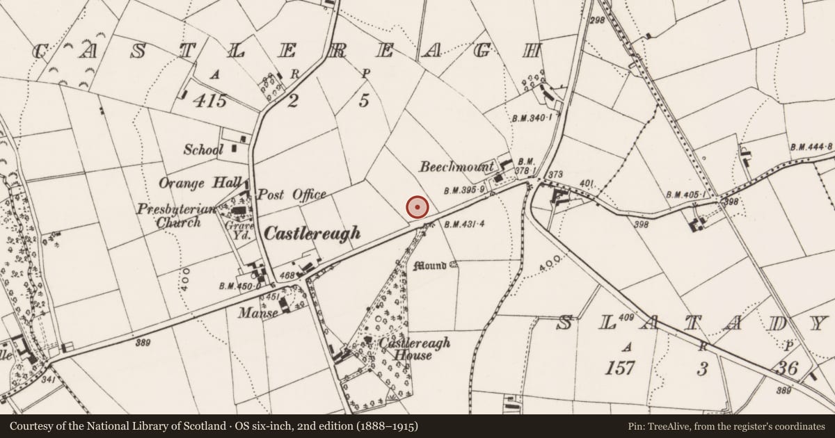 Ordnance Survey six-inch map, 2nd edition (1888–1915) covering the location of 15 Manse Road, Castlereagh, Belfast, with a pin at the register's coordinates