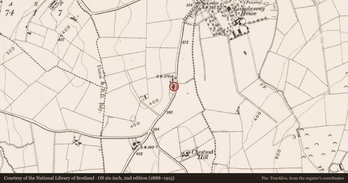 Ordnance Survey six-inch map, 2nd edition (1888–1915) covering the location of Garland Lodge, Lisburn and Castlereagh, with a pin at the register's coordinates