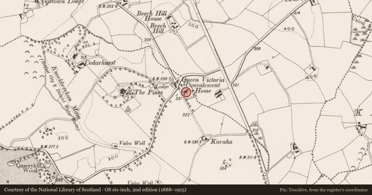 Ordnance Survey six-inch map, 2nd edition (1888–1915) covering the location of Oxford House, Beech Hill, Lisburn and Castlereagh, with a pin at the register's coordinates