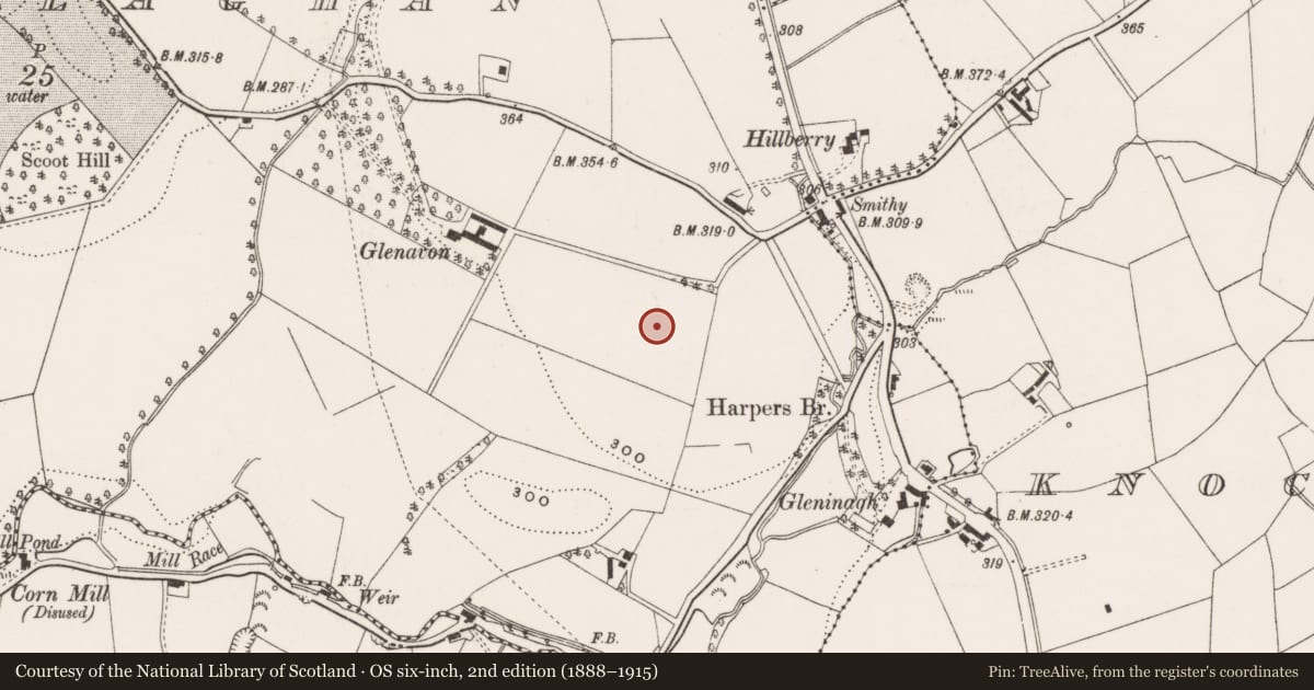 Ordnance Survey six-inch map, 2nd edition (1888–1915) covering the location of Knockbracken Clinic, Ballydollaghan, Lisburn and Castlereagh, with a pin at the register's coordinates