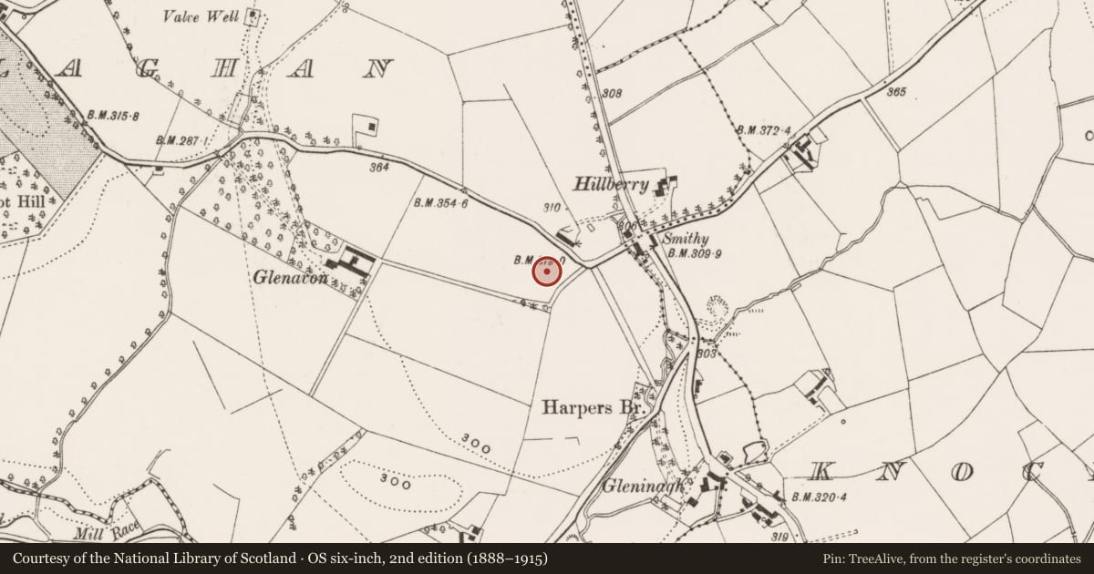 Ordnance Survey six-inch map, 2nd edition (1888–1915) covering the location of Knockbracken Hall, Ballydollaghan, Lisburn and Castlereagh, with a pin at the register's coordinates