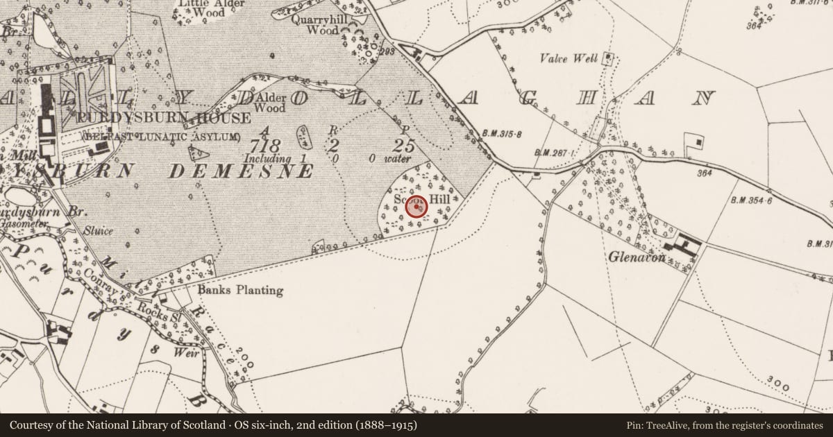 Ordnance Survey six-inch map, 2nd edition (1888–1915) covering the location of Former Inter-denominational Church, Ballydollaghan, Lisburn and Castlereagh, with a pin at the register's coordinates
