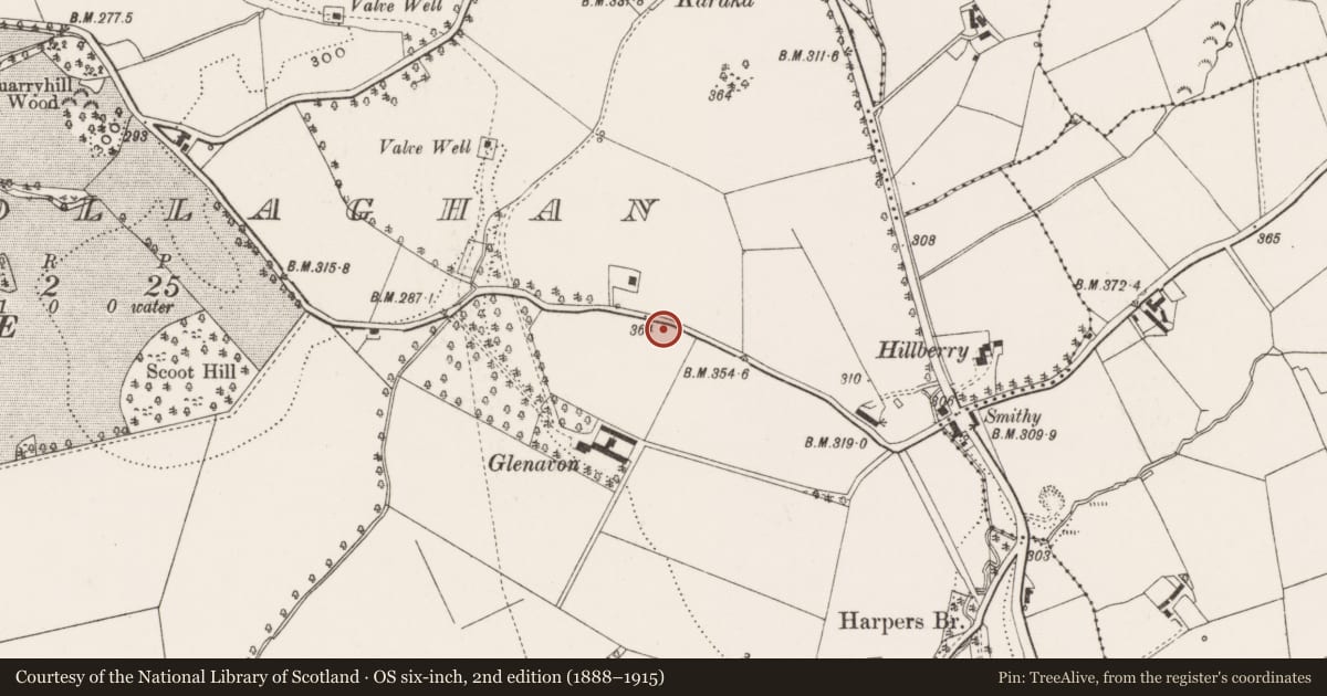 Ordnance Survey six-inch map, 2nd edition (1888–1915) covering the location of Water Tower at Knockbracken Healthcare Park, Ballydollaghan, Lisburn and Castlereagh, with a pin at the register's coordinates