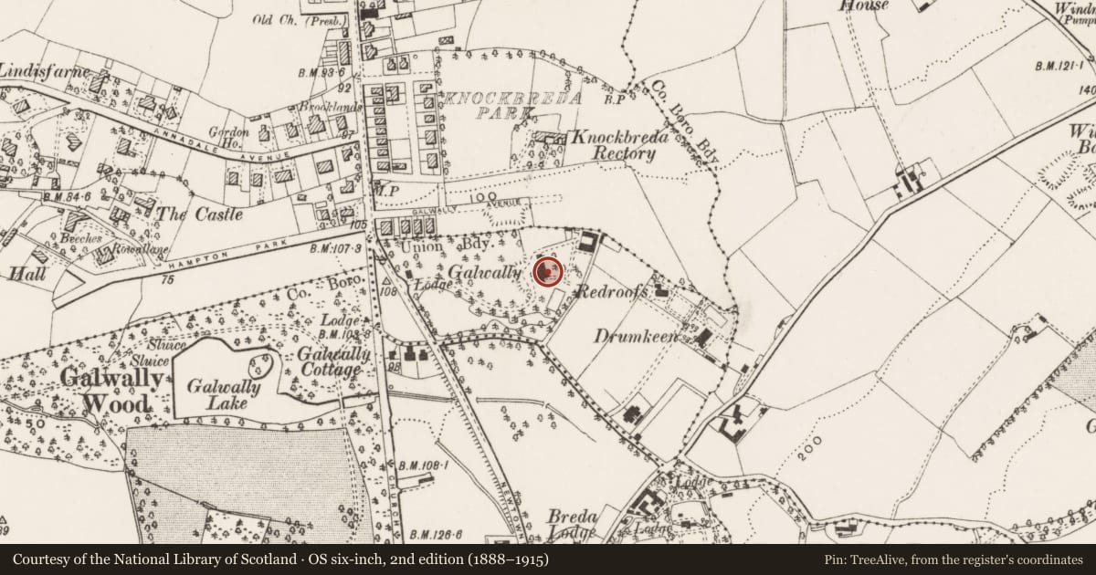 Ordnance Survey six-inch map, 2nd edition (1888–1915) covering the location of Galwally House, Bradford Court, Upper Galwally, Belfast, Co Antrim, BT8 6RB, Lisburn and Castlereagh, with a pin at the register's coordinates