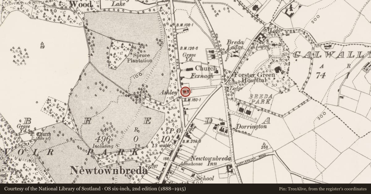Ordnance Survey six-inch map, 2nd edition (1888–1915) covering the location of 30 Church Road, Belfast, with a pin at the register's coordinates