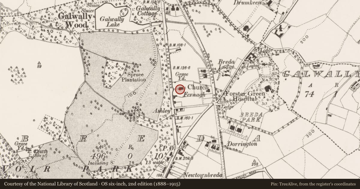 Ordnance Survey six-inch map, 2nd edition (1888–1915) covering the location of Knockbreda Parish Church, Belfast, with a pin at the register's coordinates