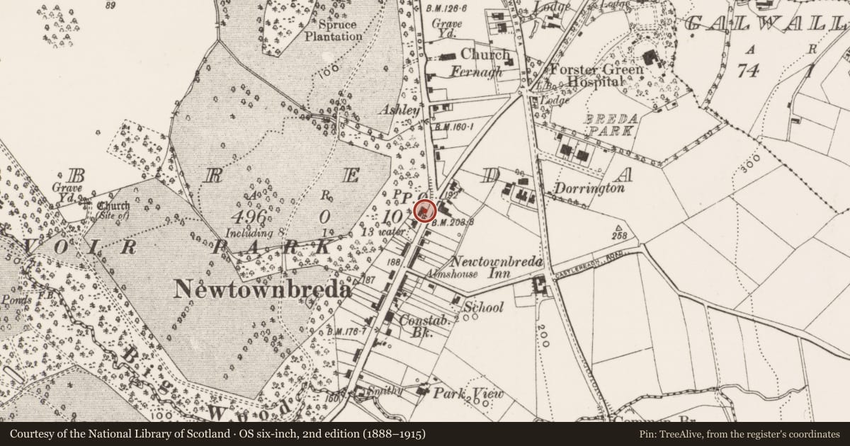 Ordnance Survey six-inch map, 2nd edition (1888–1915) covering the location of 15 Newtownbreda Road, Lisburn and Castlereagh, with a pin at the register's coordinates