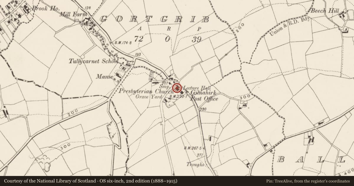 Ordnance Survey six-inch map, 2nd edition (1888–1915) covering the location of Gilnahirk Presbyterian Church, Belfast, with a pin at the register's coordinates