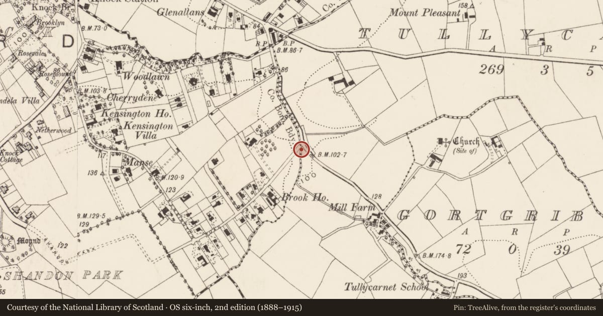 Ordnance Survey six-inch map, 2nd edition (1888–1915) covering the location of Boundary Marker, Kenington Road, Tullycarnet, Belfast, BT5 7DD, Knock, Belfast, with a pin at the register's coordinates