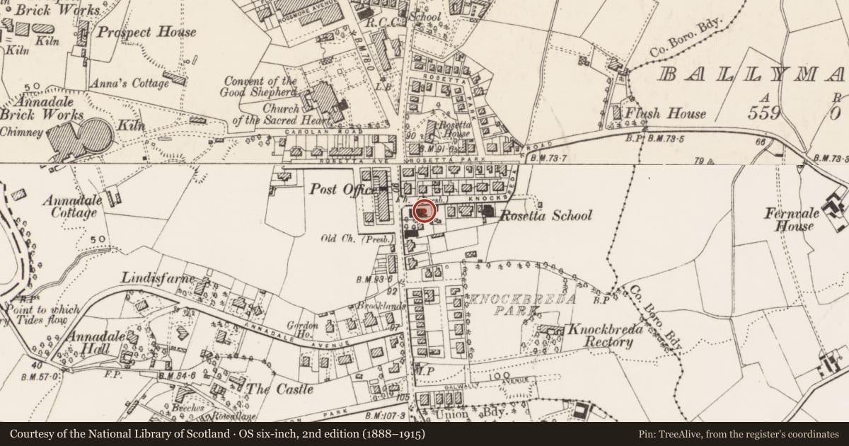 Ordnance Survey six-inch map, 2nd edition (1888–1915) covering the location of St. John'S Presbyterian Church, Ballynafoy, Belfast, with a pin at the register's coordinates