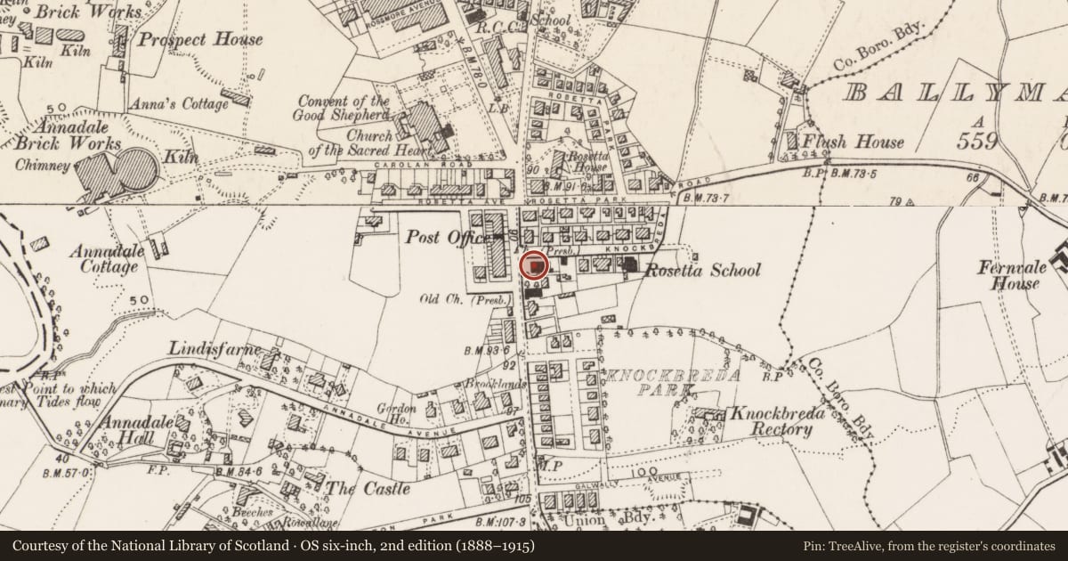 Ordnance Survey six-inch map, 2nd edition (1888–1915) covering the location of War Memorial, Ballynafoy, Belfast, with a pin at the register's coordinates