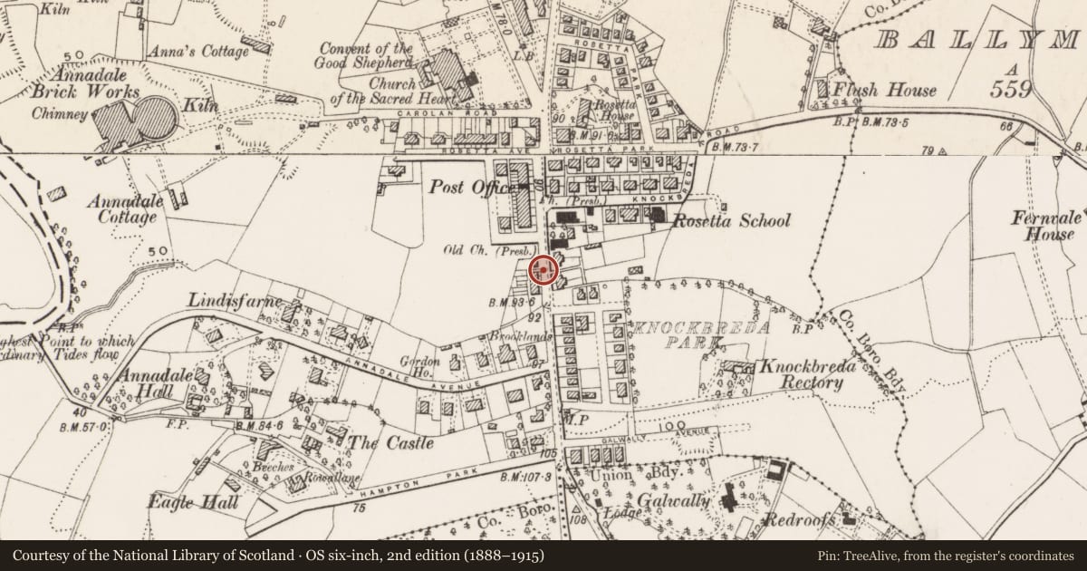 Ordnance Survey six-inch map, 2nd edition (1888–1915) covering the location of 583 Ormeau Road, Belfast, with a pin at the register's coordinates