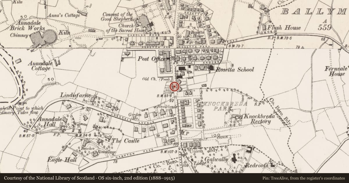 Ordnance Survey six-inch map, 2nd edition (1888–1915) covering the location of 585 Ormeau Road, Belfast, with a pin at the register's coordinates