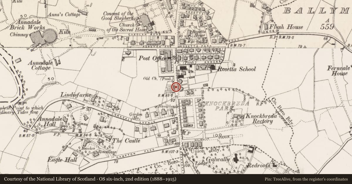 Ordnance Survey six-inch map, 2nd edition (1888–1915) covering the location of 587 Ormeau Road, Belfast, with a pin at the register's coordinates