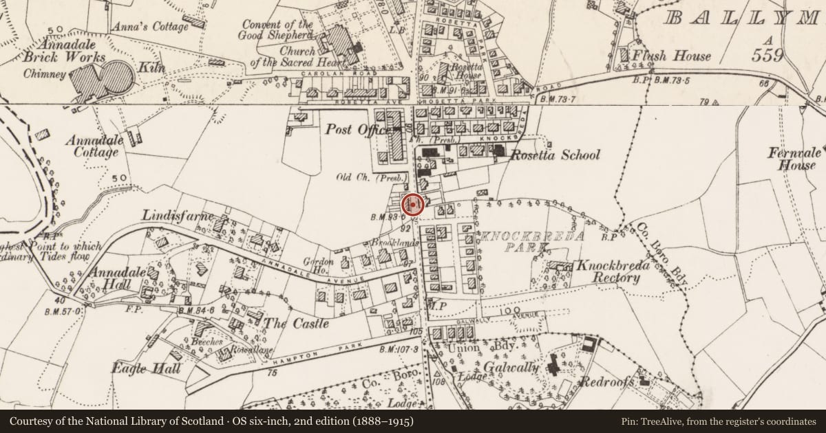 Ordnance Survey six-inch map, 2nd edition (1888–1915) covering the location of 593 Ormeau Road, Belfast, with a pin at the register's coordinates