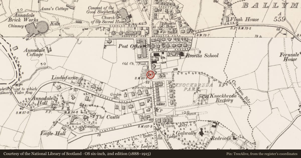 Ordnance Survey six-inch map, 2nd edition (1888–1915) covering the location of 595 Ormeau Road, Belfast, with a pin at the register's coordinates