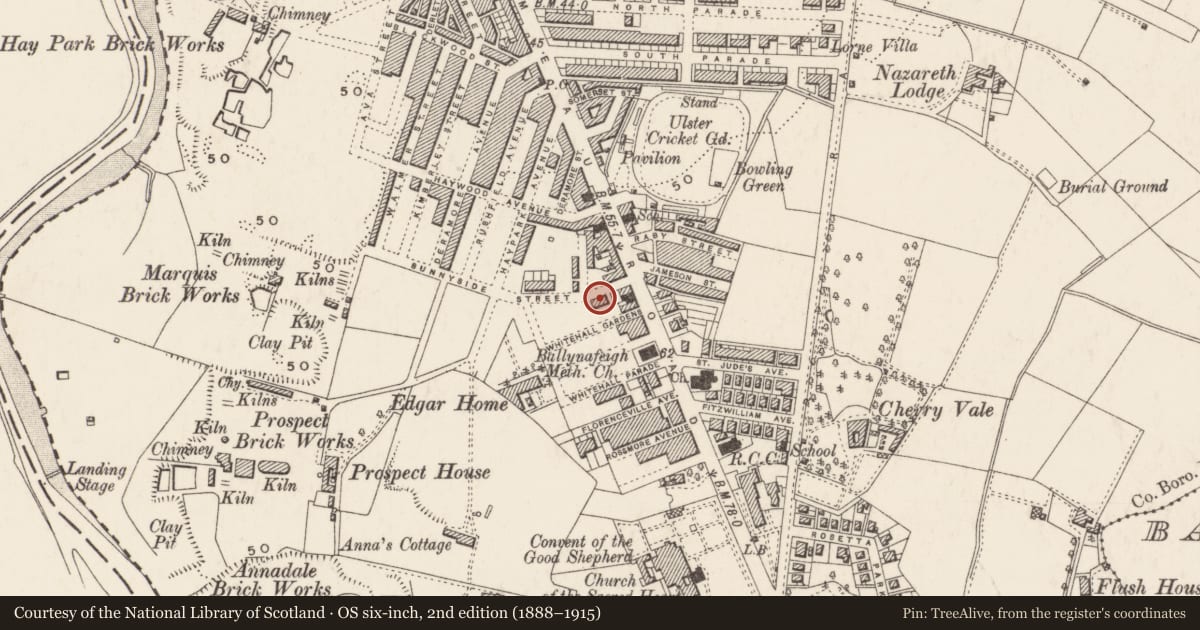 Ordnance Survey six-inch map, 2nd edition (1888–1915) covering the location of 18 Sunnyside St., Belfast, with a pin at the register's coordinates