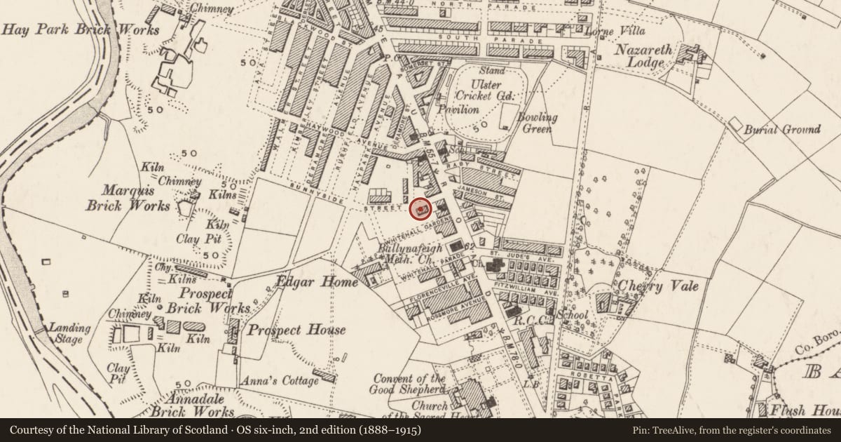 Ordnance Survey six-inch map, 2nd edition (1888–1915) covering the location of 20 Sunnyside St., Belfast, with a pin at the register's coordinates