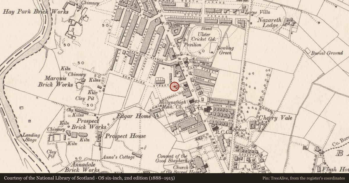 Ordnance Survey six-inch map, 2nd edition (1888–1915) covering the location of 26 Sunnyside St., Belfast, with a pin at the register's coordinates