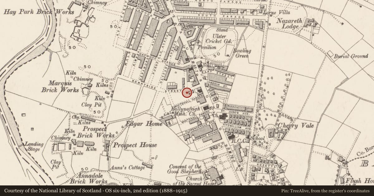 Ordnance Survey six-inch map, 2nd edition (1888–1915) covering the location of 28 Sunnyside St., Belfast, with a pin at the register's coordinates
