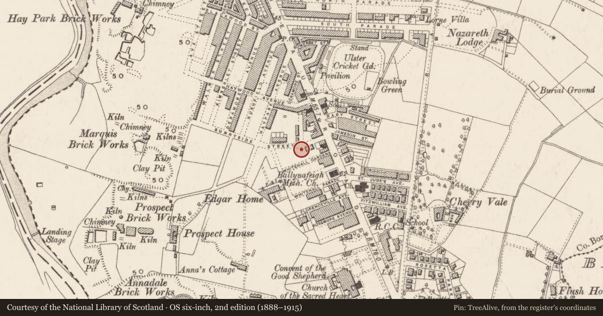 Ordnance Survey six-inch map, 2nd edition (1888–1915) covering the location of 30 Sunnyside St., Belfast, with a pin at the register's coordinates